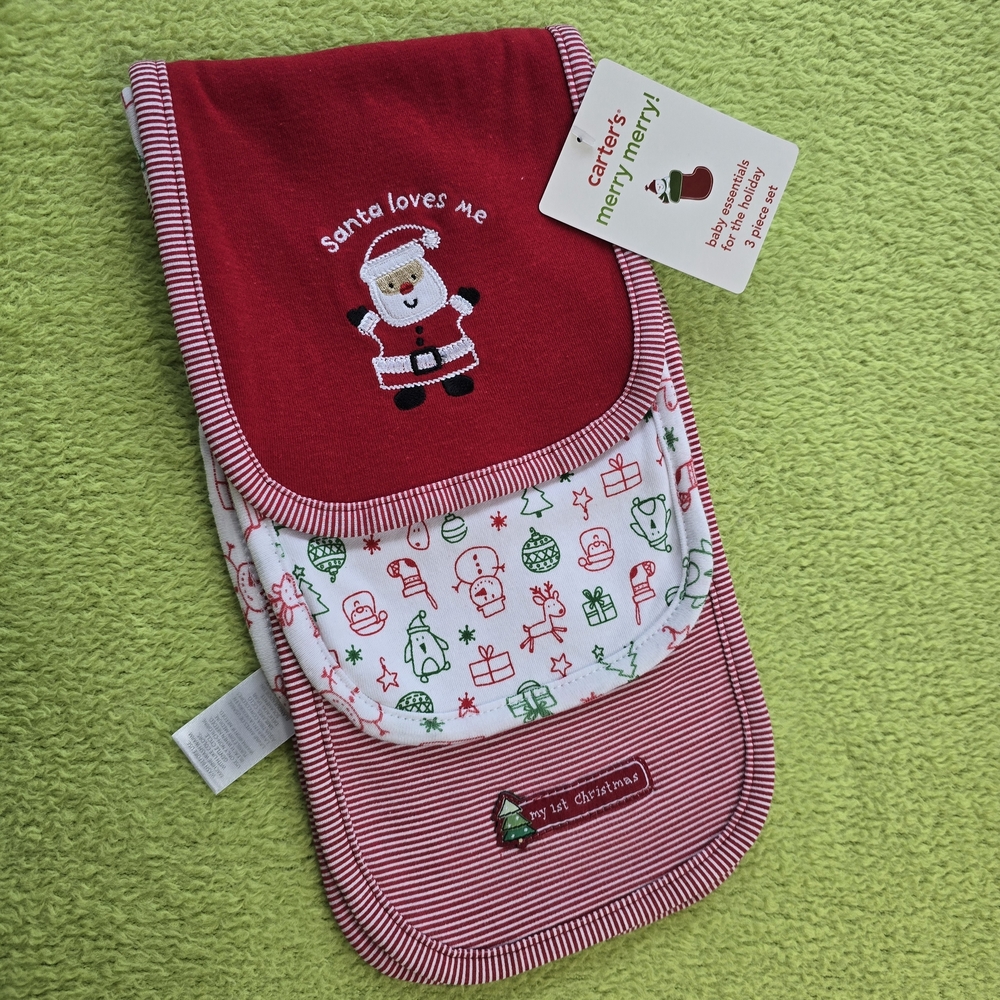 NWT NEWBORN-12M  Christmas 3pk Red +White Baby UNISEX Shoulder BURP CLOTH Bib Q4